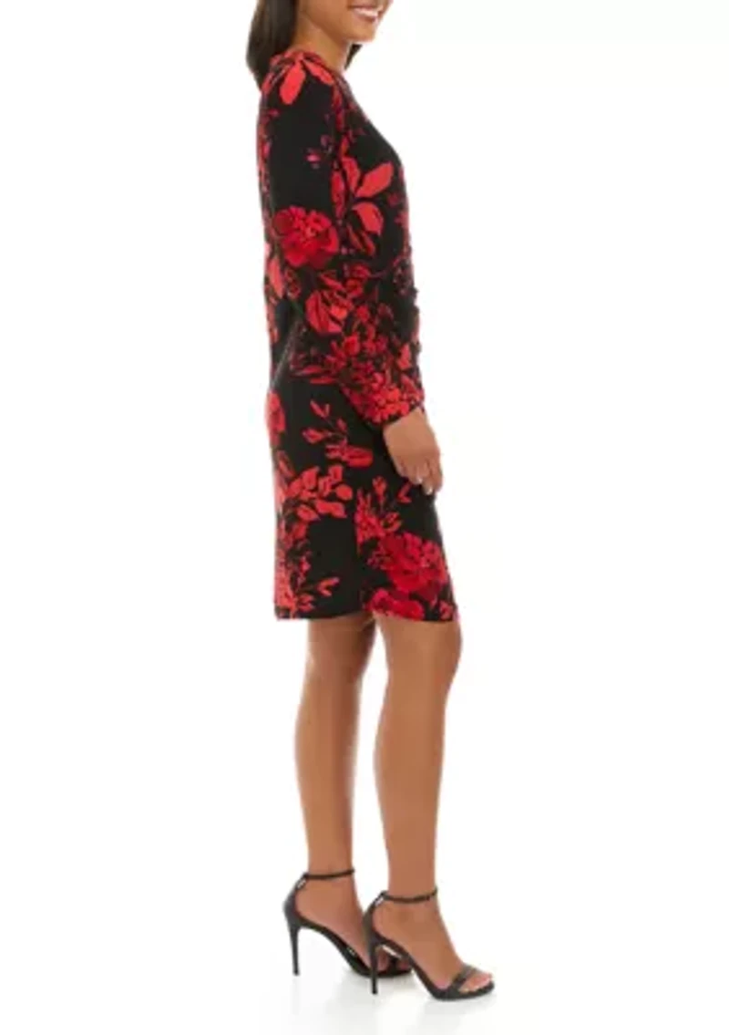 Women's Long Sleeve Side Ruched Floral Print Sheath Dress