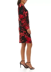 Women's Long Sleeve Side Ruched Floral Print Sheath Dress