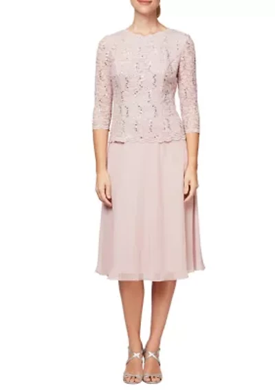 Women's Tea-Length Mock Dress with Sequin Lace Bodice & Chiffon Skirt