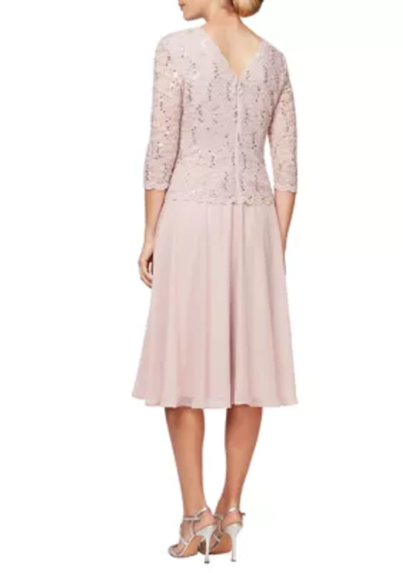 Women's Tea-Length Mock Dress with Sequin Lace Bodice & Chiffon Skirt