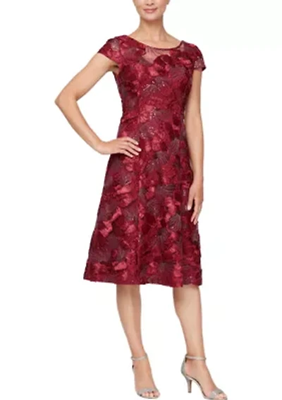 Women's Tea Length Dress with Cap Sleeves