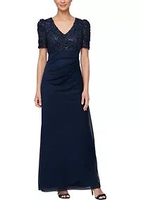 Long Rosette Empire waist dress with mesh skirt