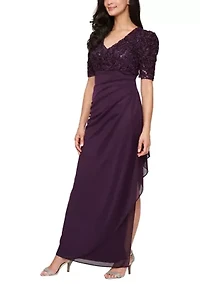 Long Rosette Empire waist dress with mesh skirt