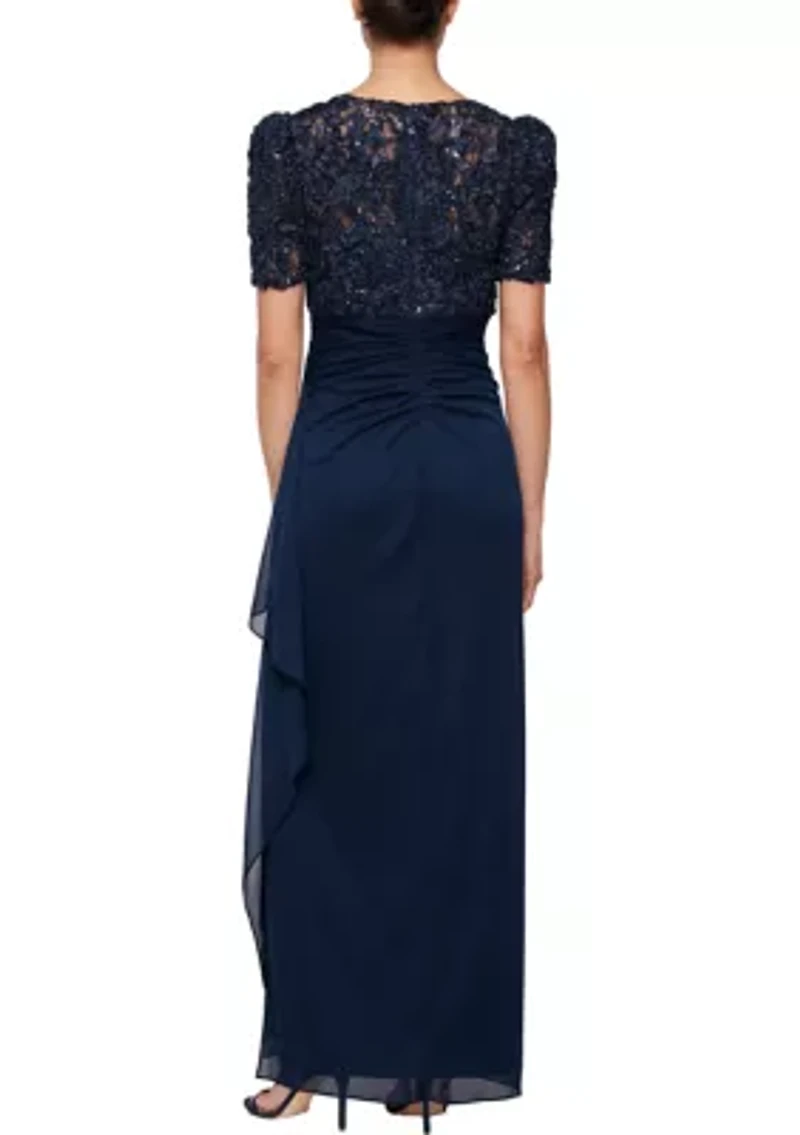 Long Rosette Empire waist dress with mesh skirt