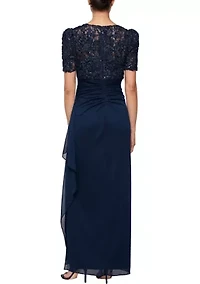 Long Rosette Empire waist dress with mesh skirt