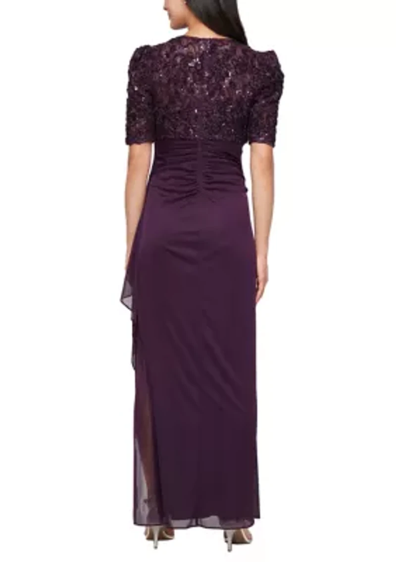 Long Rosette Empire waist dress with mesh skirt