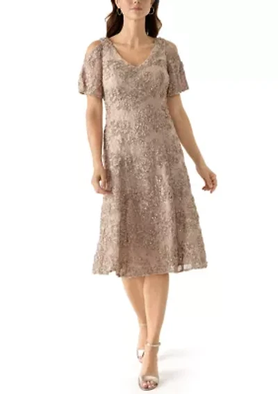 Women's Cold Shoulder Scoop Neck Lace A-Line Dress