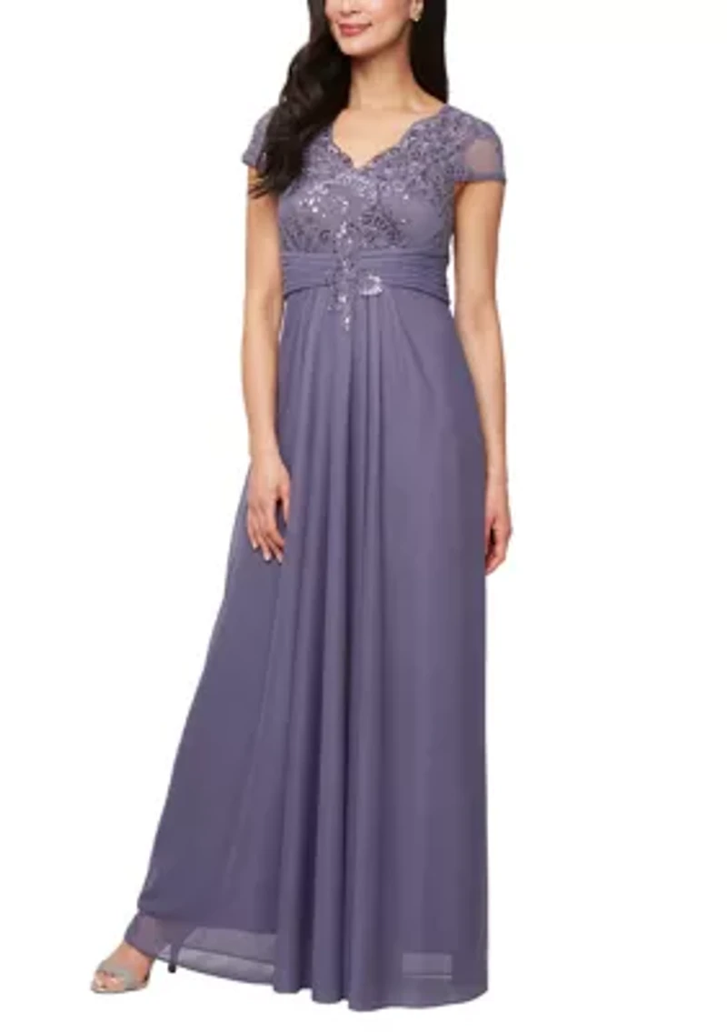 Women's Short Sleeve Embroidered Pleated A-Line Gown