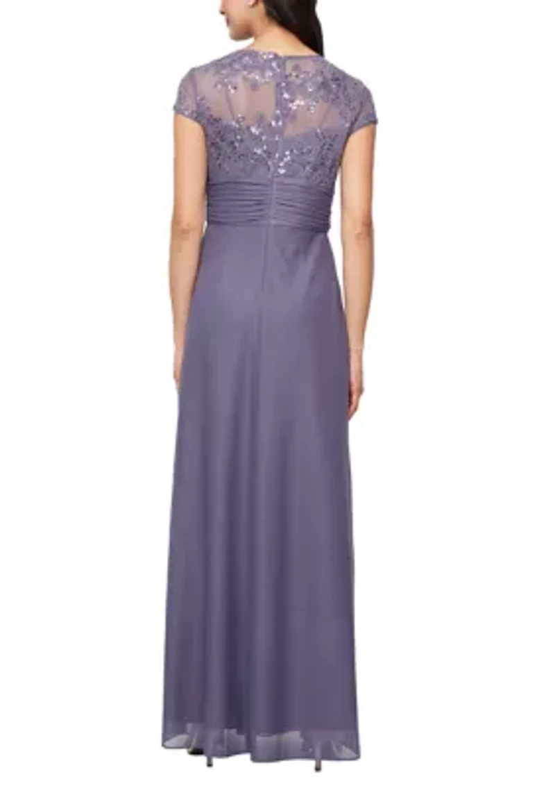 Women's Short Sleeve Embroidered Pleated A-Line Gown