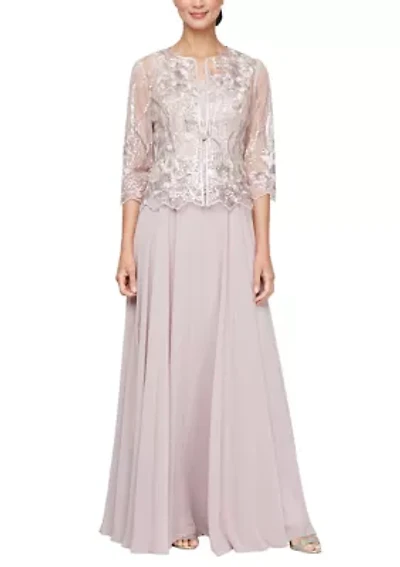 Women's 3/4 Sleeve Embroidered Dress and Jacket Set