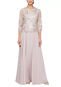 Women's 3/4 Sleeve Embroidered Dress and Jacket Set