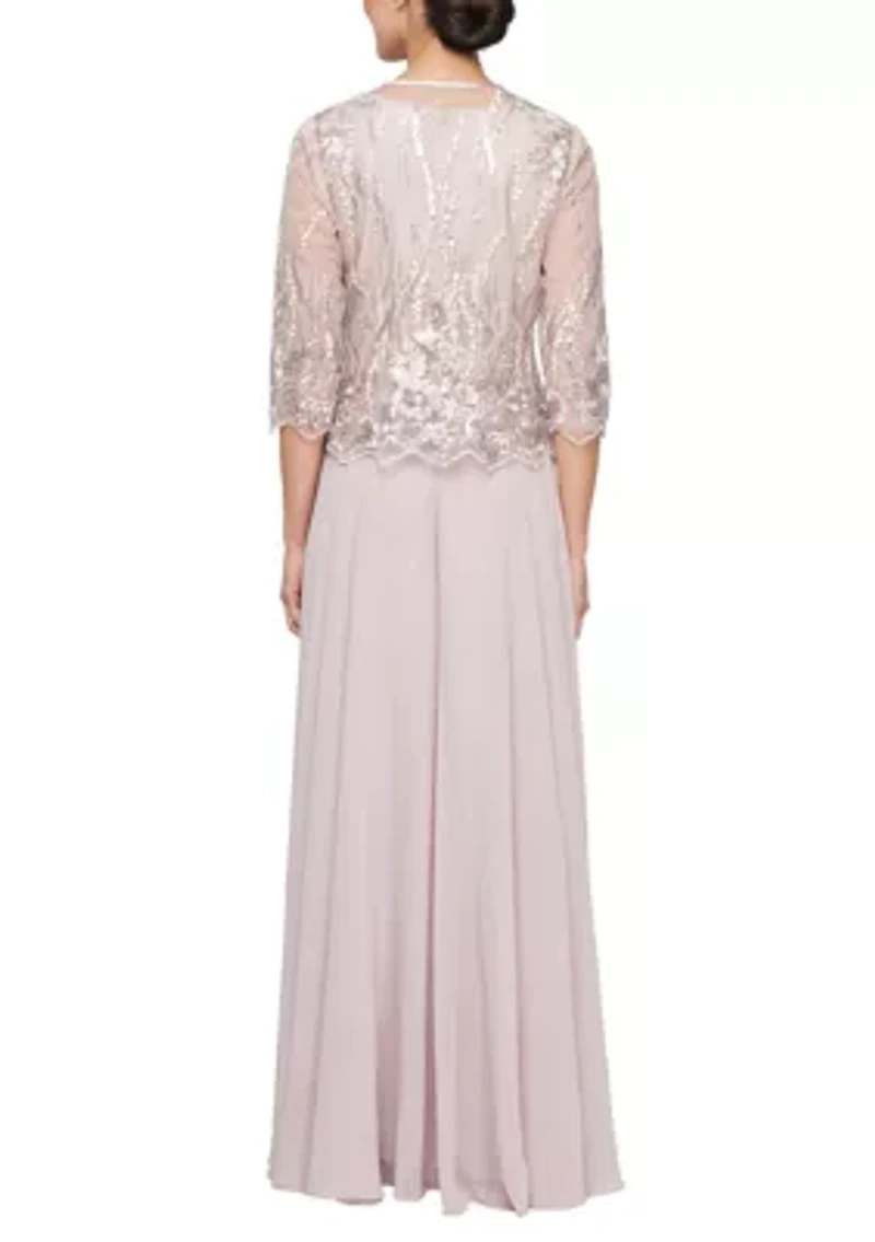 Women's 3/4 Sleeve Embroidered Dress and Jacket Set