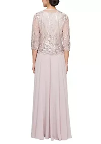 Women's 3/4 Sleeve Embroidered Dress and Jacket Set