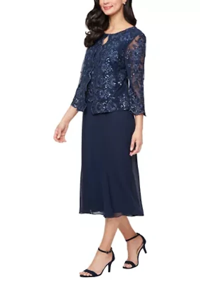 Women's Midi Embroidered Tulle Mock Jacket Dress