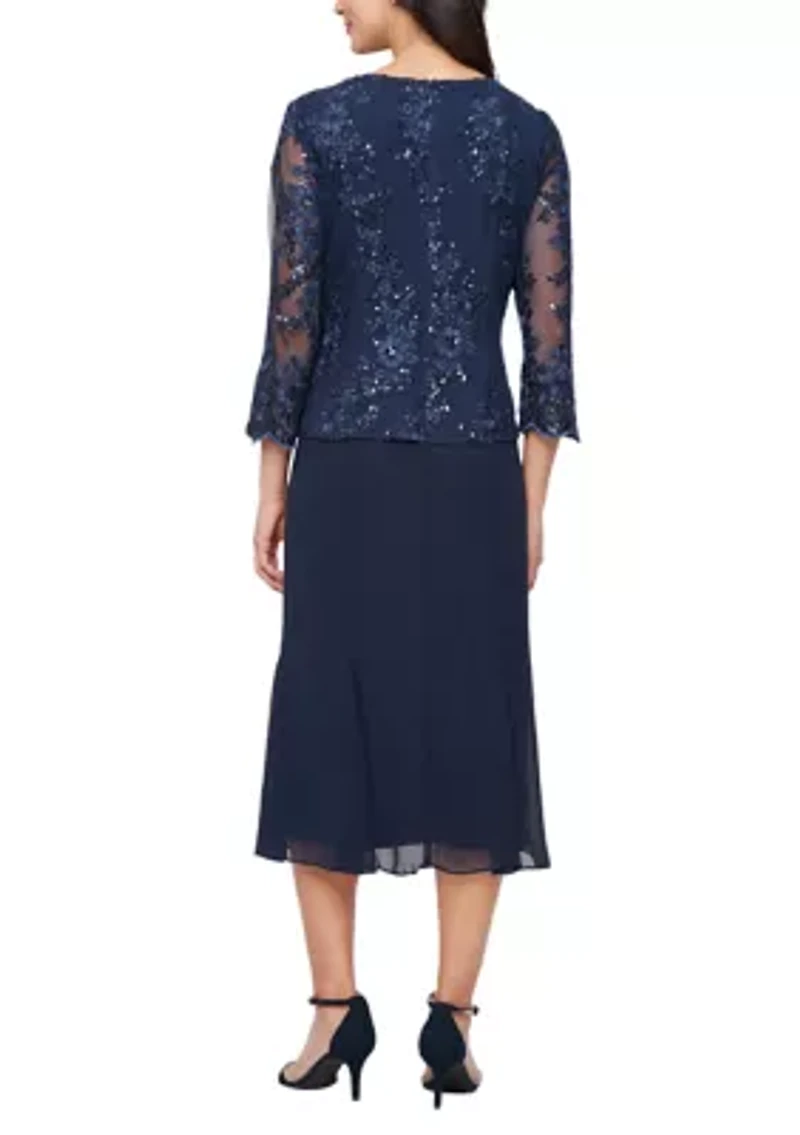 Women's Midi Embroidered Tulle Mock Jacket Dress