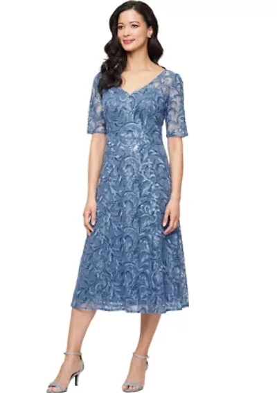 Women's Midi Embroidered Tulle V-Neck Dress