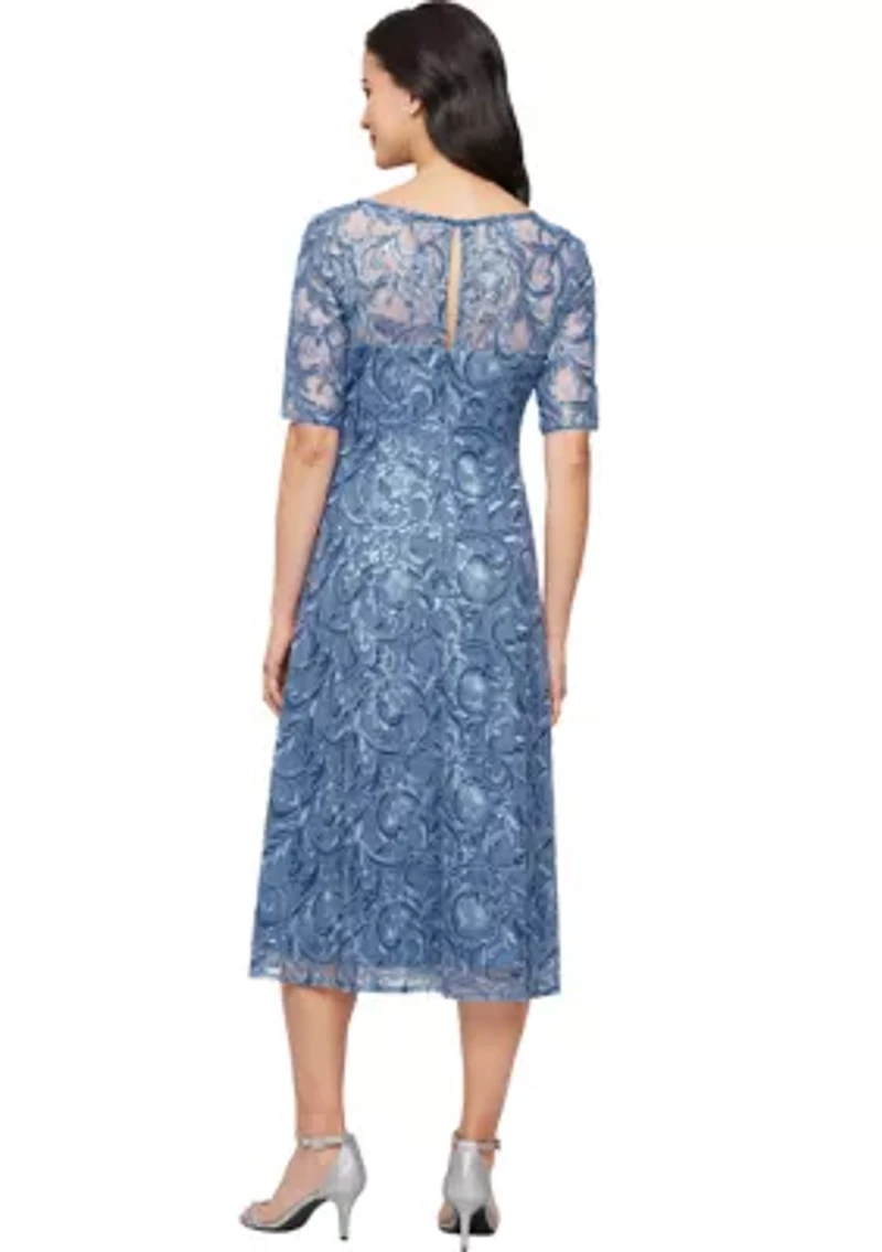 Women's Midi Embroidered Tulle V-Neck Dress