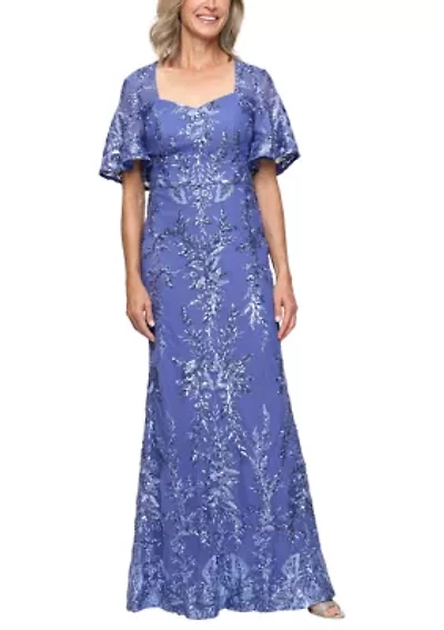 Women's Embroidered Flutter Sleeve Gown