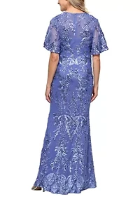 Women's Embroidered Flutter Sleeve Gown