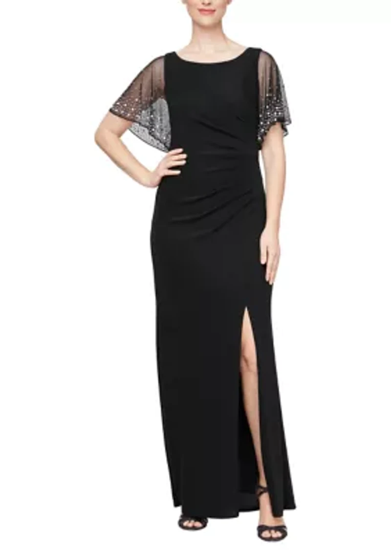 Women's Long Embellished Flutter Sleeve Metallic Knit Dress