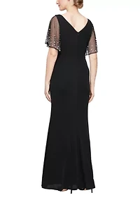 Women's Long Embellished Flutter Sleeve Metallic Knit Dress