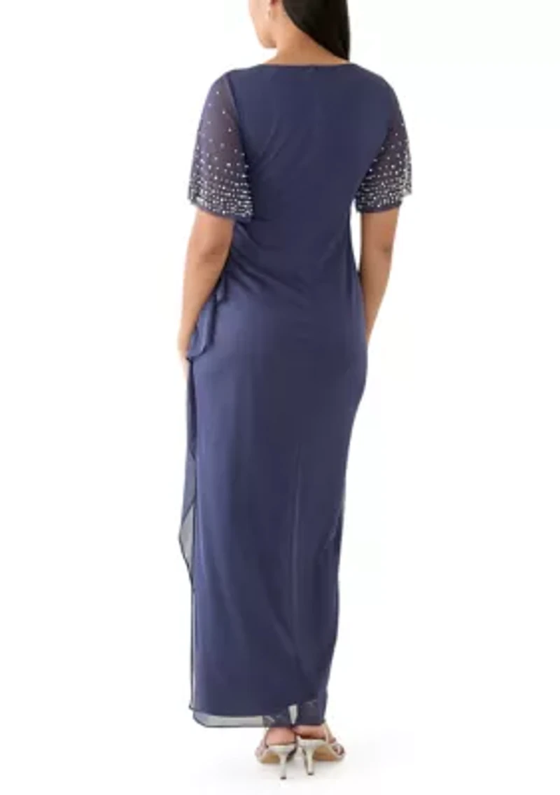 Women's Short Sleeve V-Neck Solid Ruch Chiffon Gown
