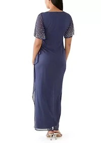 Women's Short Sleeve V-Neck Solid Ruch Chiffon Gown