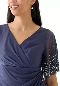 Women's Short Sleeve V-Neck Solid Ruch Chiffon Gown