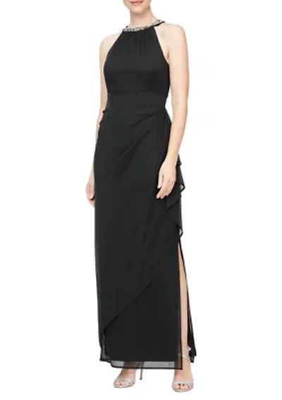 Women's Long Dress with Beaded Halter Neckline
