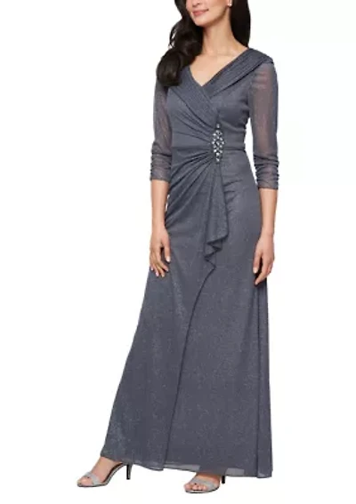 Long Portrait Collar Glitter Mesh Dress