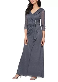 Long Portrait Collar Glitter Mesh Dress