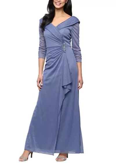 Long Portrait Collar Glitter Mesh Dress