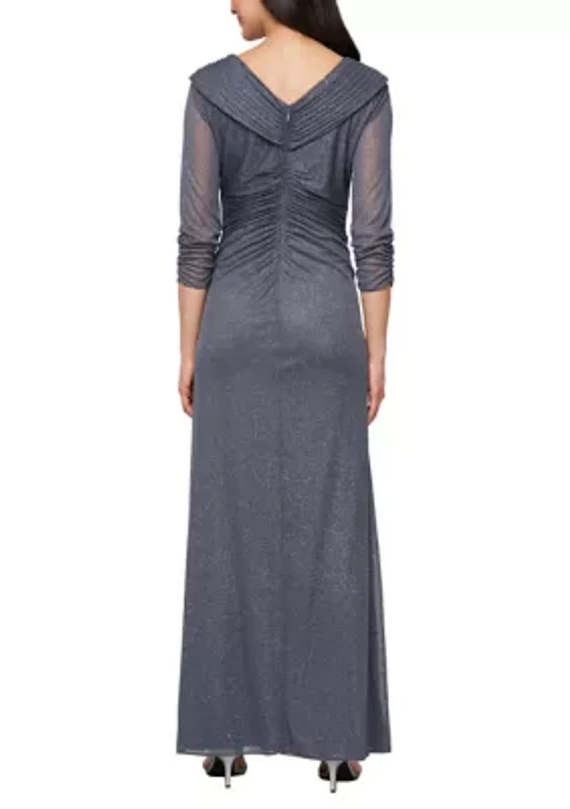 Long Portrait Collar Glitter Mesh Dress