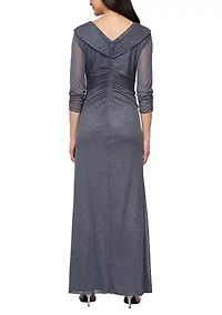 Long Portrait Collar Glitter Mesh Dress