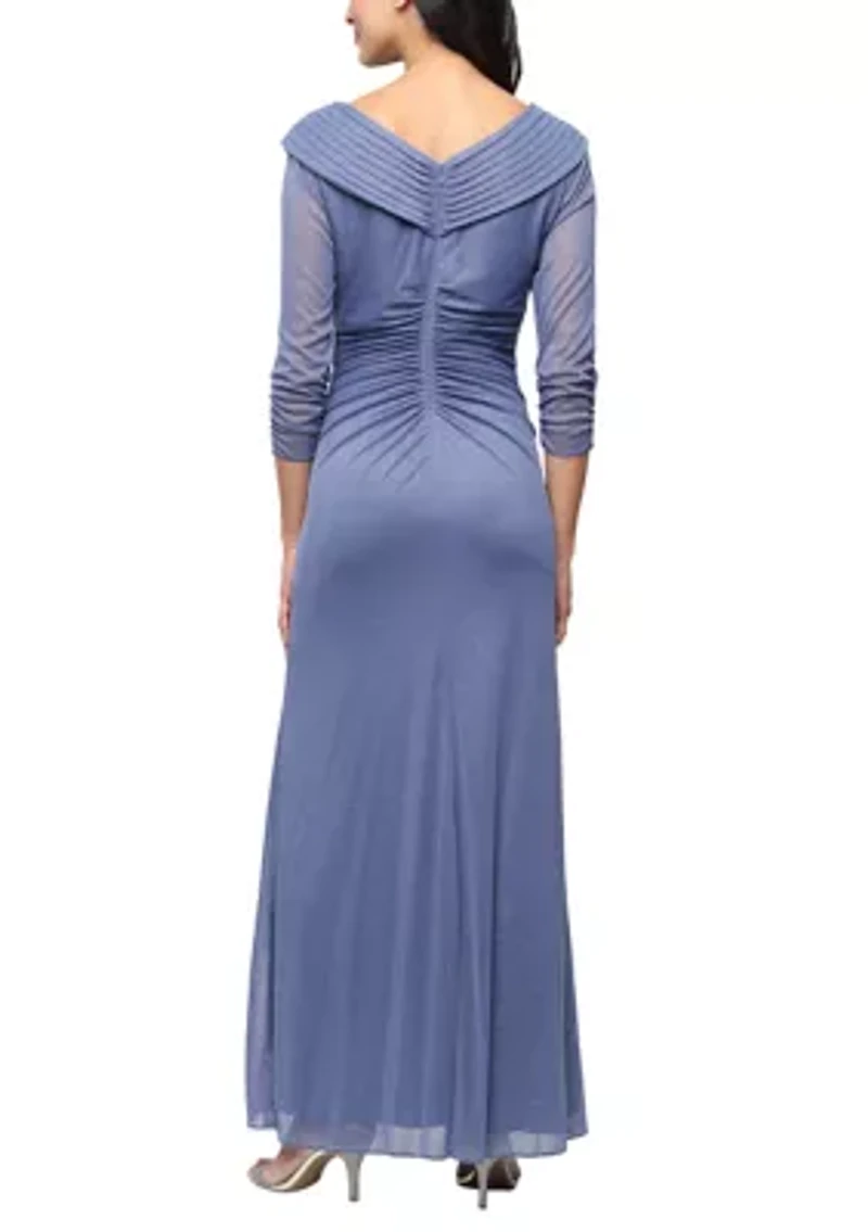 Long Portrait Collar Glitter Mesh Dress