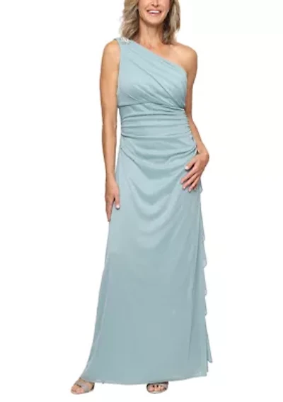 Women's One Shoulder Glitter Mesh Gown