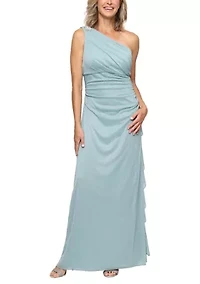 Women's One Shoulder Glitter Mesh Gown