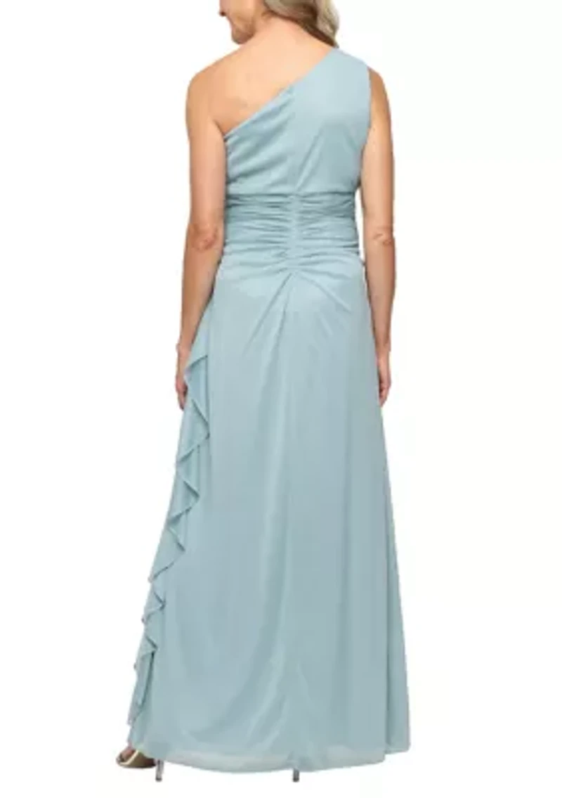 Women's One Shoulder Glitter Mesh Gown