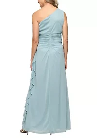 Women's One Shoulder Glitter Mesh Gown