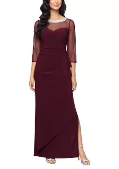 Women's 3/4 Sleeve Illusion Mesh Ruched Side Dress
