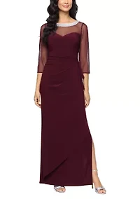 Women's 3/4 Sleeve Illusion Mesh Ruched Side Dress