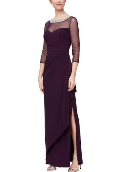 Women's 3/4 Sleeve Illusion Mesh Ruched Side Dress