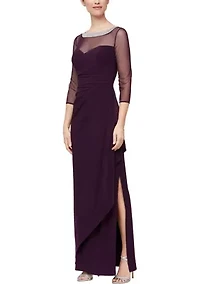 Women's 3/4 Sleeve Illusion Mesh Ruched Side Dress