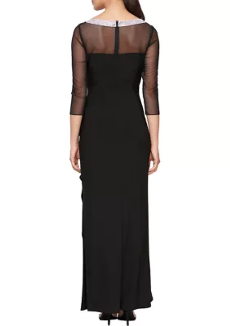 Women's 3/4 Sleeve Illusion Mesh Ruched Side Dress