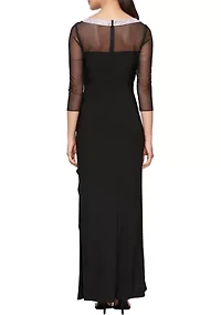 Women's 3/4 Sleeve Illusion Mesh Ruched Side Dress
