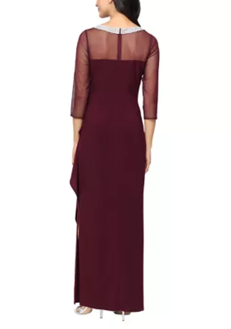 Women's 3/4 Sleeve Illusion Mesh Ruched Side Dress