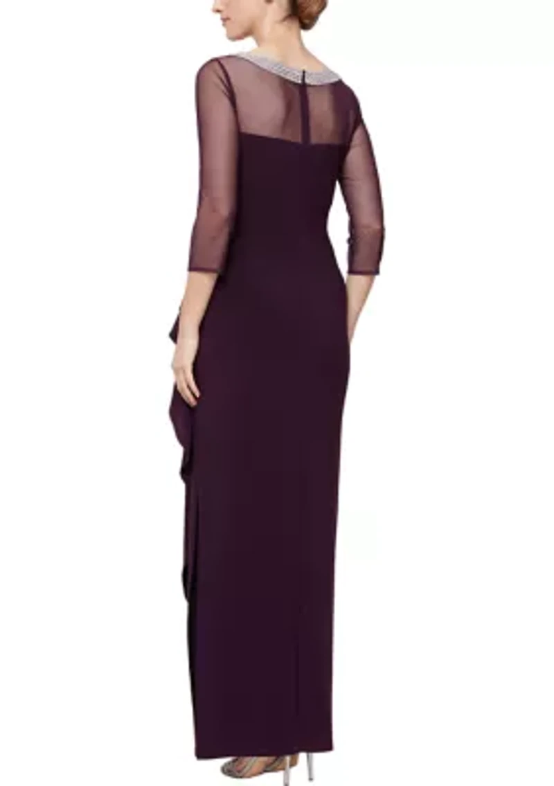 Women's 3/4 Sleeve Illusion Mesh Ruched Side Dress