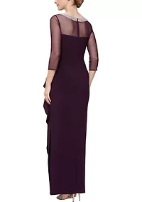 Women's 3/4 Sleeve Illusion Mesh Ruched Side Dress