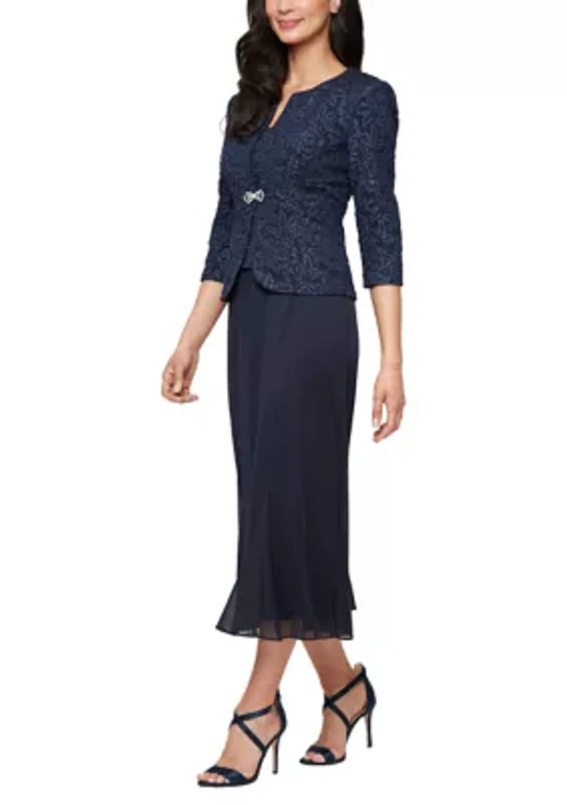 Women's Tea Length Textured Jacquard Mock Jacket Dress