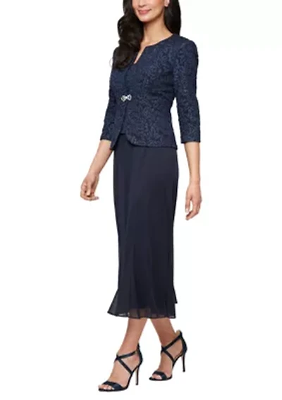 Women's Tea Length Textured Jacquard Mock Jacket Dress